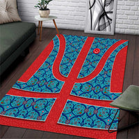 Blue Turkish Traditional Pattern and Red Area Rug with National Flag Emblem