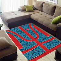Blue Turkish Traditional Pattern and Red Area Rug with National Flag Emblem