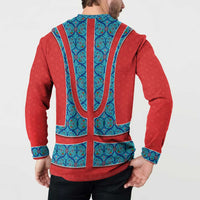 Blue Turkish Traditional Pattern and Red Button Sweatshirt with National Flag Emblem