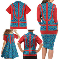 Blue Turkish Traditional Pattern and Red Family Matching Long Sleeve Bodycon Dress and Hawaiian Shirt with National Flag Emblem