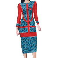 Blue Turkish Traditional Pattern and Red Family Matching Long Sleeve Bodycon Dress and Hawaiian Shirt with National Flag Emblem