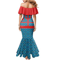 Blue Turkish Traditional Pattern and Red Family Matching Mermaid Dress and Hawaiian Shirt with National Flag Emblem
