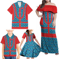 Blue Turkish Traditional Pattern and Red Family Matching Off Shoulder Maxi Dress and Hawaiian Shirt with National Flag Emblem