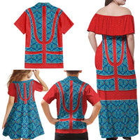 Blue Turkish Traditional Pattern and Red Family Matching Off Shoulder Maxi Dress and Hawaiian Shirt with National Flag Emblem