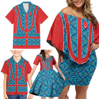 Blue Turkish Traditional Pattern and Red Family Matching Off Shoulder Short Dress and Hawaiian Shirt with National Flag Emblem