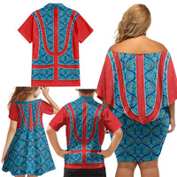 Blue Turkish Traditional Pattern and Red Family Matching Off Shoulder Short Dress and Hawaiian Shirt with National Flag Emblem