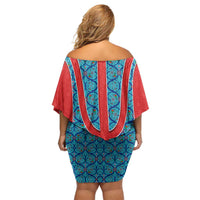 Blue Turkish Traditional Pattern and Red Family Matching Off Shoulder Short Dress and Hawaiian Shirt with National Flag Emblem