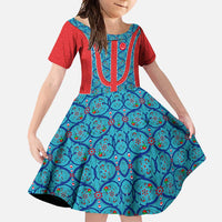 Blue Turkish Traditional Pattern and Red Family Matching Summer Maxi Dress and Hawaiian Shirt with National Flag Emblem