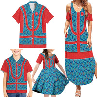 Blue Turkish Traditional Pattern and Red Family Matching Summer Maxi Dress and Hawaiian Shirt with National Flag Emblem