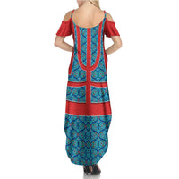 Blue Turkish Traditional Pattern and Red Family Matching Summer Maxi Dress and Hawaiian Shirt with National Flag Emblem