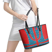 Blue Turkish Traditional Pattern and Red Leather Tote Bag with National Flag Emblem