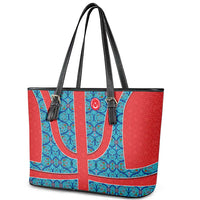 Blue Turkish Traditional Pattern and Red Leather Tote Bag with National Flag Emblem