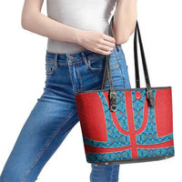 Blue Turkish Traditional Pattern and Red Leather Tote Bag with National Flag Emblem