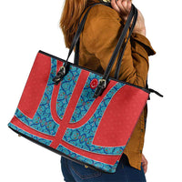 Blue Turkish Traditional Pattern and Red Leather Tote Bag with National Flag Emblem