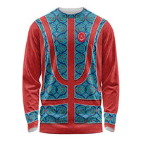 Blue Turkish Traditional Pattern and Red Long Sleeve Shirt with National Flag Emblem
