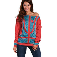 Blue Turkish Traditional Pattern and Red Off Shoulder Sweater with National Flag Emblem