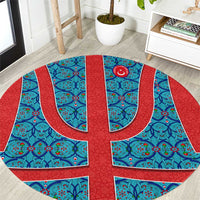Blue Turkish Traditional Pattern and Red Round Carpet with National Flag Emblem