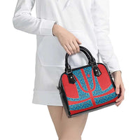 Blue Turkish Traditional Pattern and Red Shoulder Handbag with National Flag Emblem