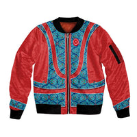 Blue Turkish Traditional Pattern and Red Sleeve Zip Bomber Jacket with National Flag Emblem