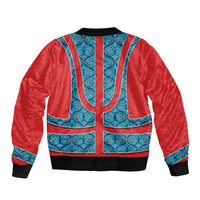 Blue Turkish Traditional Pattern and Red Sleeve Zip Bomber Jacket with National Flag Emblem