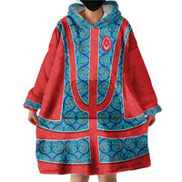 Blue Turkish Traditional Pattern and Red Wearable Blanket Hoodie with National Flag Emblem