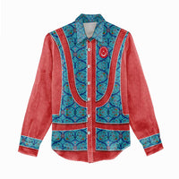 Blue Turkish Traditional Pattern and Red Women Casual Shirt with National Flag Emblem