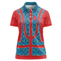 Blue Turkish Traditional Pattern and Red Women Polo Shirt with National Flag Emblem