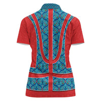 Blue Turkish Traditional Pattern and Red Women Polo Shirt with National Flag Emblem