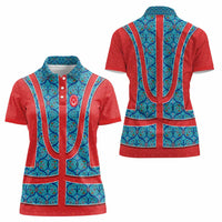 Blue Turkish Traditional Pattern and Red Women Polo Shirt with National Flag Emblem