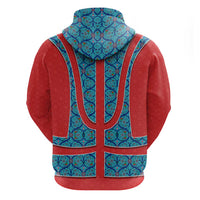 Blue Turkish Traditional Pattern and Red Zip Hoodie with National Flag Emblem
