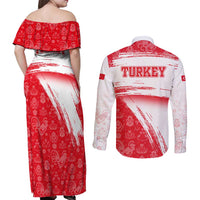 Turkey National Flag and Pattern Design Couples Matching Off Shoulder Maxi Dress and Long Sleeve Button Shirt with Red Brush Stroke Effect