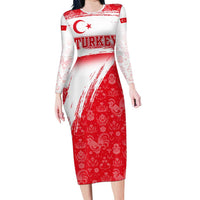 Turkey National Flag and Pattern Design Long Sleeve Bodycon Dress with Red Brush Stroke Effect