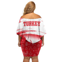 Turkey National Flag and Pattern Design Off Shoulder Short Dress with Red Brush Stroke Effect