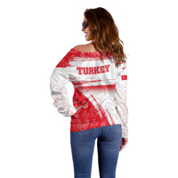 Turkey National Flag and Pattern Design Off Shoulder Sweater with Red Brush Stroke Effect