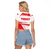 Turkey National Flag and Pattern Design Raglan Cropped T Shirt with Red Brush Stroke Effect