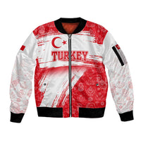 Turkey National Flag and Pattern Design Sleeve Zip Bomber Jacket with Red Brush Stroke Effect