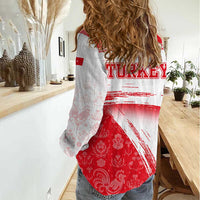 Turkey National Flag and Pattern Design Women Casual Shirt with Red Brush Stroke Effect