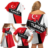 Turkey Flag and Modern Graphic Design Family Matching Off Shoulder Short Dress and Hawaiian Shirt with Bold Red and Black Elements
