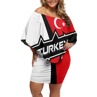 Turkey Flag and Modern Graphic Design Family Matching Off Shoulder Short Dress and Hawaiian Shirt with Bold Red and Black Elements