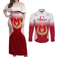 Turkey National Emblem and Cartoon Turkey Bird Couples Matching Off Shoulder Maxi Dress and Long Sleeve Button Shirt with Red and White Gradient Design
