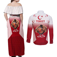 Turkey National Emblem and Cartoon Turkey Bird Couples Matching Off Shoulder Maxi Dress and Long Sleeve Button Shirt with Red and White Gradient Design
