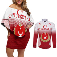 Turkey National Emblem and Cartoon Turkey Bird Couples Matching Off Shoulder Short Dress and Long Sleeve Button Shirt with Red and White Gradient Design