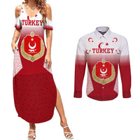 Turkey National Emblem and Cartoon Turkey Bird Couples Matching Summer Maxi Dress and Long Sleeve Button Shirt with Red and White Gradient Design
