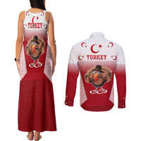 Turkey National Emblem and Cartoon Turkey Bird Couples Matching Tank Maxi Dress and Long Sleeve Button Shirt with Red and White Gradient Design