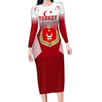 Turkey National Emblem and Cartoon Turkey Bird Family Matching Long Sleeve Bodycon Dress and Hawaiian Shirt with Red and White Gradient Design