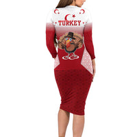 Turkey National Emblem and Cartoon Turkey Bird Family Matching Long Sleeve Bodycon Dress and Hawaiian Shirt with Red and White Gradient Design