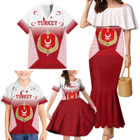 Turkey National Emblem and Cartoon Turkey Bird Family Matching Mermaid Dress and Hawaiian Shirt with Red and White Gradient Design