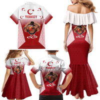 Turkey National Emblem and Cartoon Turkey Bird Family Matching Mermaid Dress and Hawaiian Shirt with Red and White Gradient Design