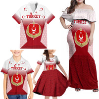 Turkey National Emblem and Cartoon Turkey Bird Family Matching Off Shoulder Maxi Dress and Hawaiian Shirt with Red and White Gradient Design