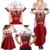 Turkey National Emblem and Cartoon Turkey Bird Family Matching Summer Maxi Dress and Hawaiian Shirt with Red and White Gradient Design